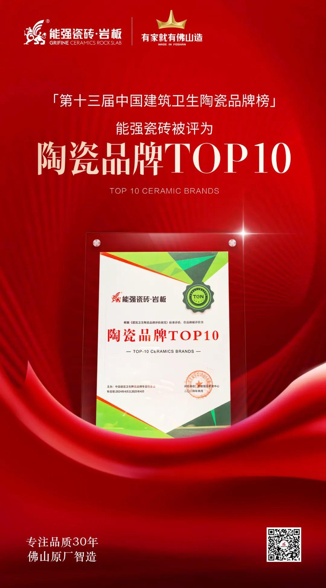 匠心榮耀丨能強(qiáng)瓷磚斬獲“陶瓷品牌TOP10”殊榮！